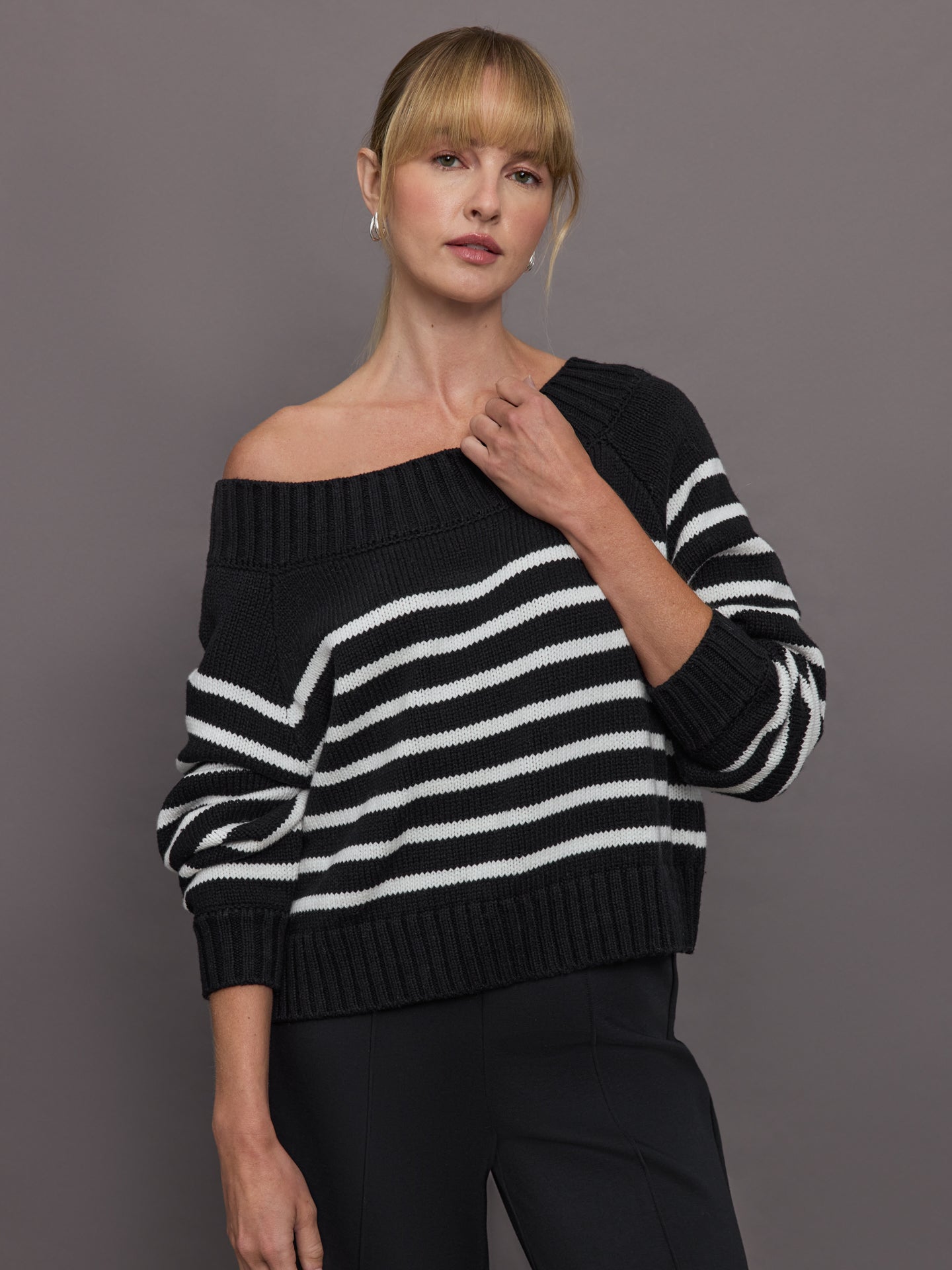 Carbon38 Slouchy Off Shoulder Sweater - Black / White Stripe