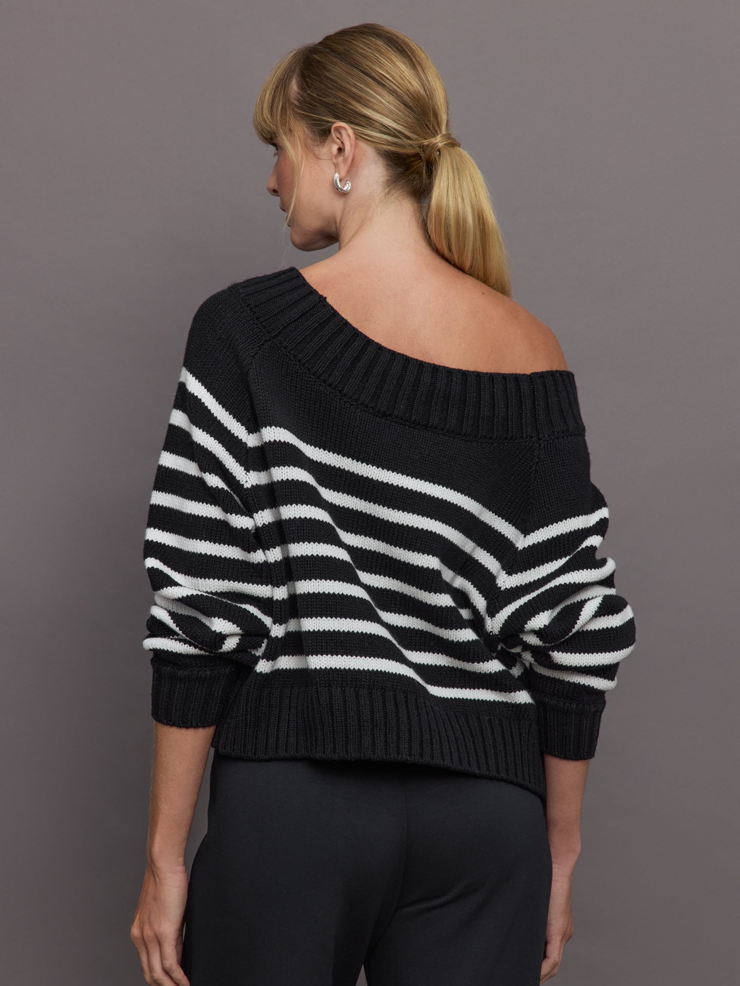 Carbon38 Slouchy Off Shoulder Sweater - Black / White Stripe