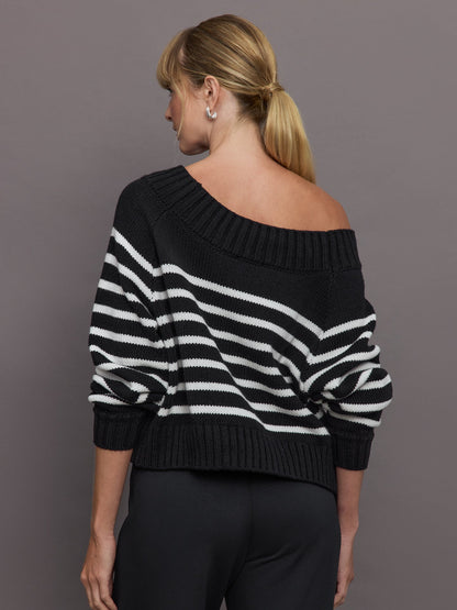 Carbon38 Slouchy Off Shoulder Sweater - Black / White Stripe