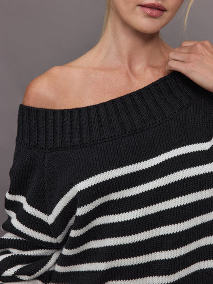 Carbon38 Slouchy Off Shoulder Sweater - Black / White Stripe