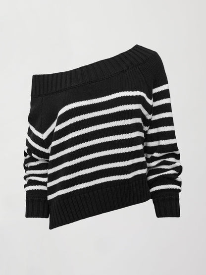 Carbon38 Slouchy Off Shoulder Sweater - Black / White Stripe