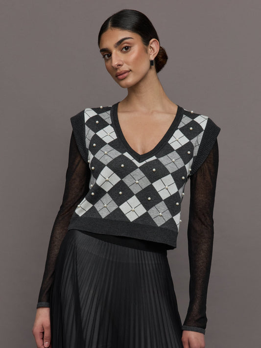 Carbon38 Nomia Plaid Pearly V-Neck Sweater - Grey/Silver