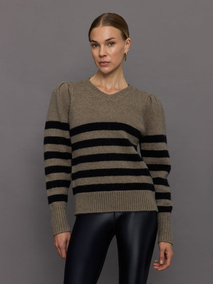 Carbon38 Striped Puff Sleeve Sweater - Stone/ Black