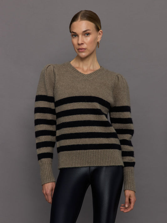 Carbon38 Striped Puff Sleeve Sweater - Stone/ Black