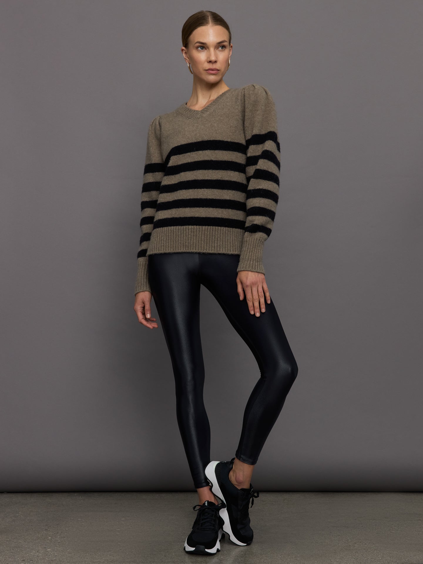 Carbon38 Striped Puff Sleeve Sweater - Stone/ Black