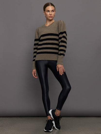 Carbon38 Striped Puff Sleeve Sweater - Stone/ Black