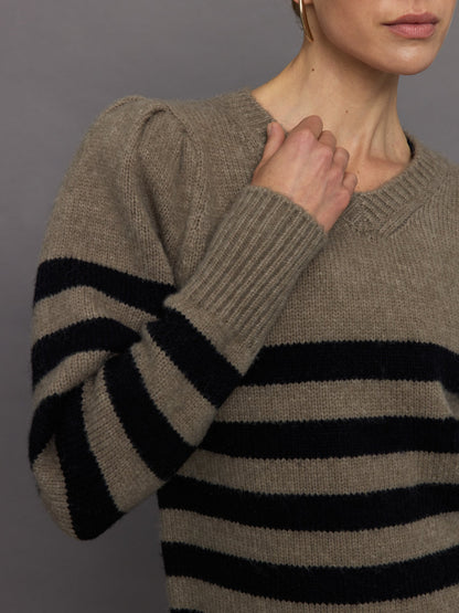 Carbon38 Striped Puff Sleeve Sweater - Stone/ Black