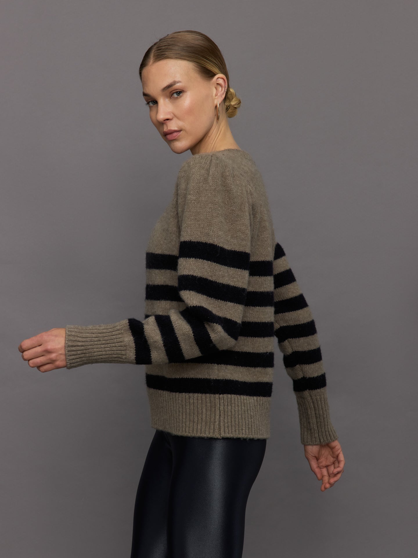 Carbon38 Striped Puff Sleeve Sweater - Stone/ Black