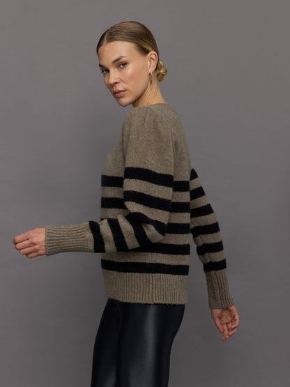 Carbon38 Striped Puff Sleeve Sweater - Stone/ Black