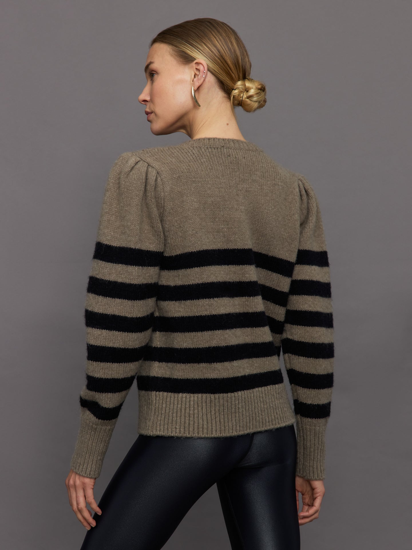 Carbon38 Striped Puff Sleeve Sweater - Stone/ Black