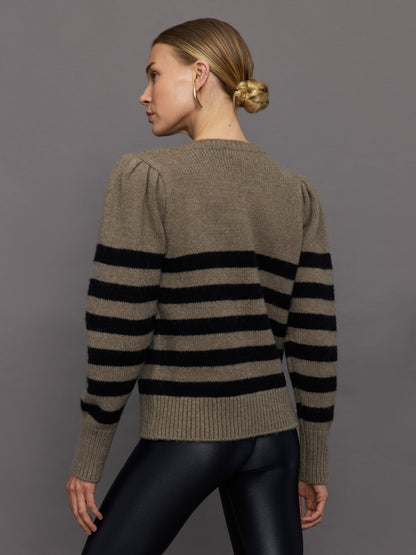 Carbon38 Striped Puff Sleeve Sweater - Stone/ Black