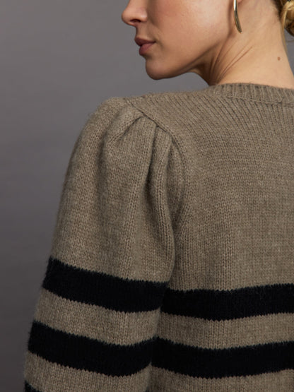 Carbon38 Striped Puff Sleeve Sweater - Stone/ Black