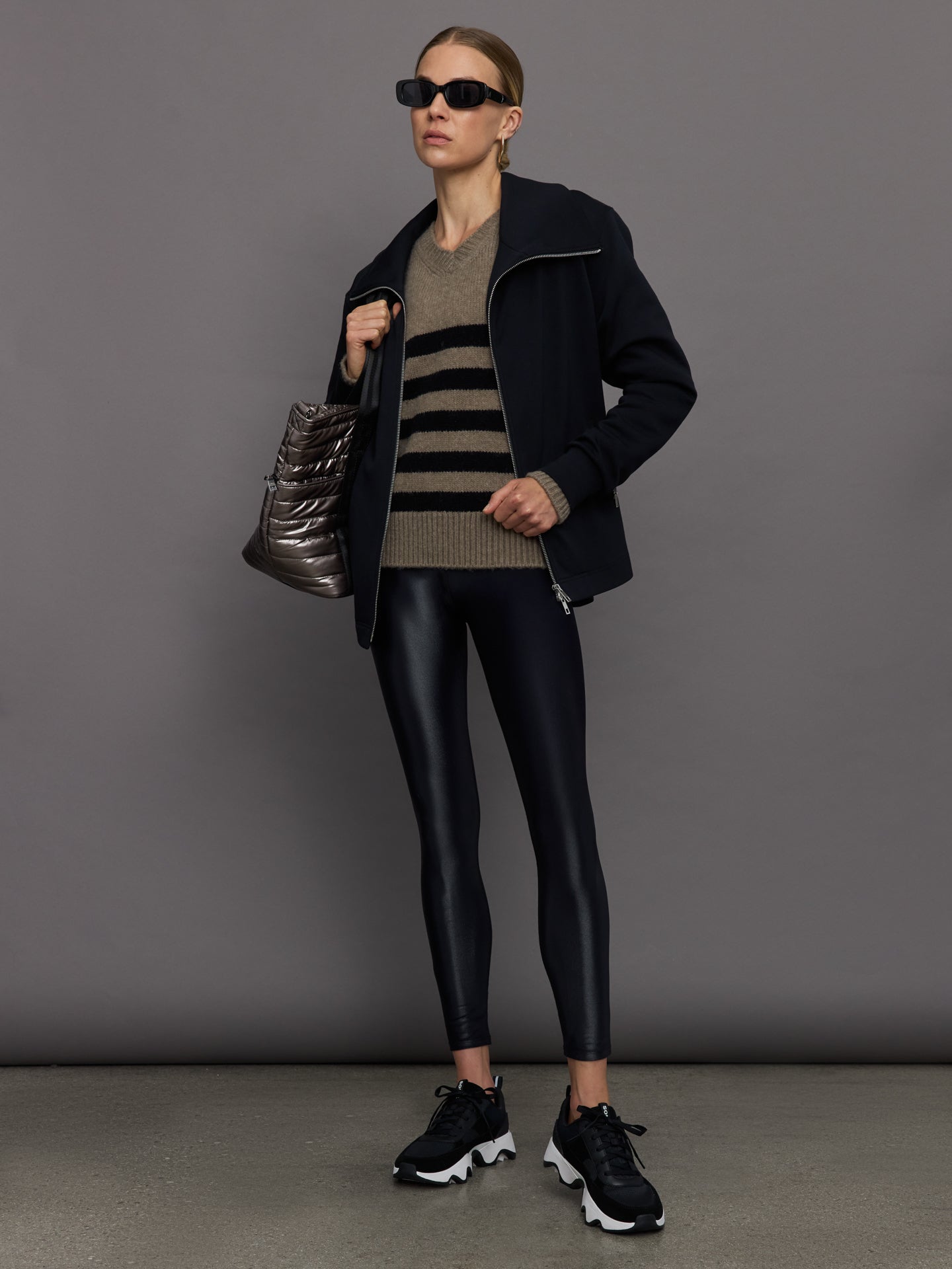 Carbon38 Striped Puff Sleeve Sweater - Stone/ Black