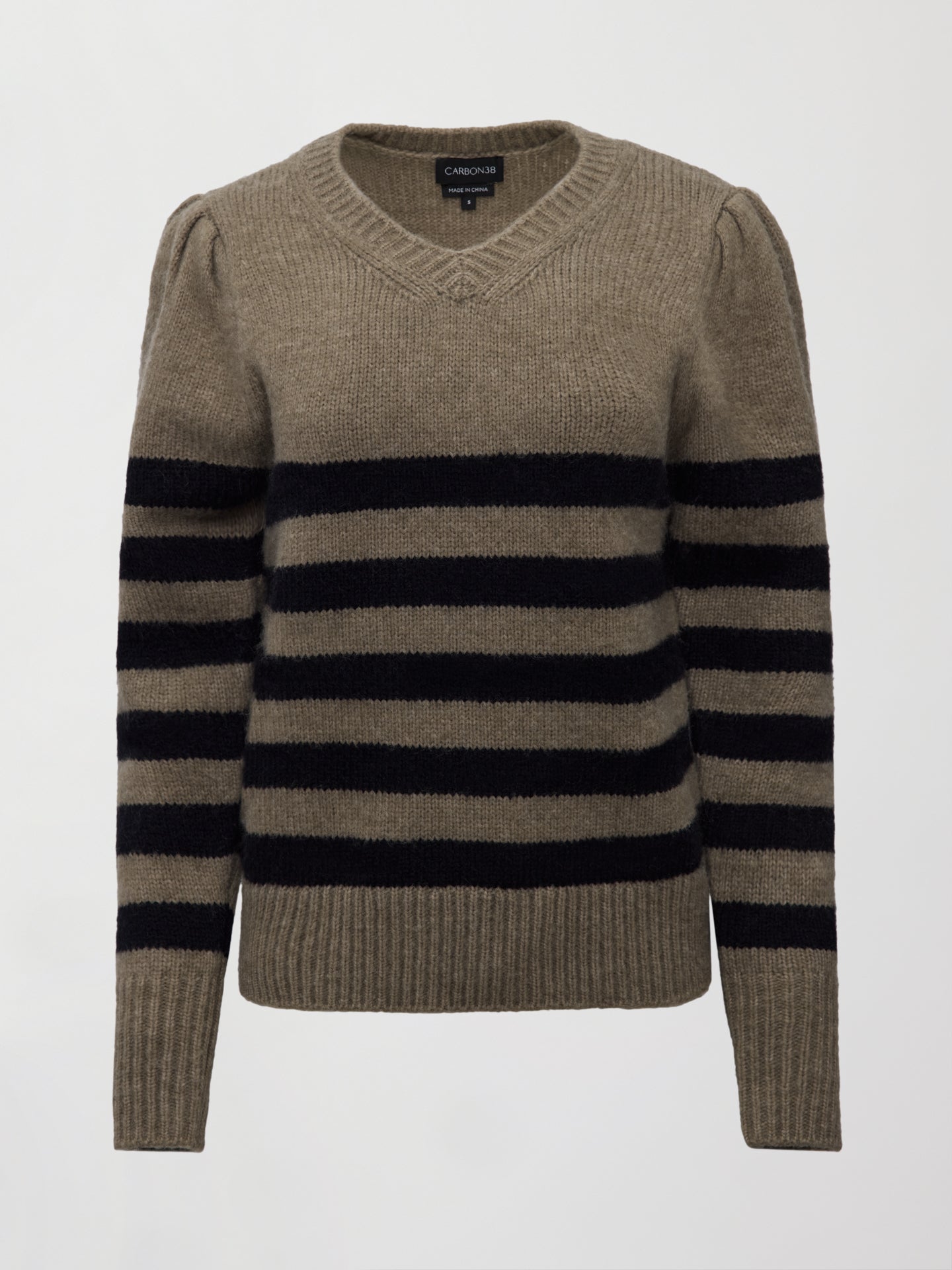 Carbon38 Striped Puff Sleeve Sweater - Stone/ Black