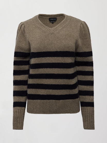 Carbon38 Striped Puff Sleeve Sweater - Stone/ Black