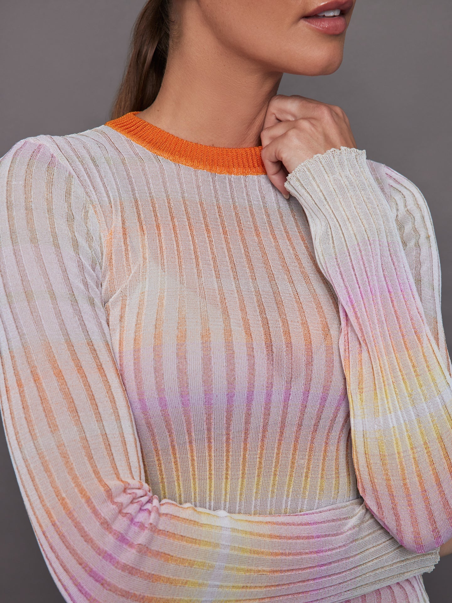 Carbon38 Ribbed crew-neck jumper with contrasting collar - Orange / Multi