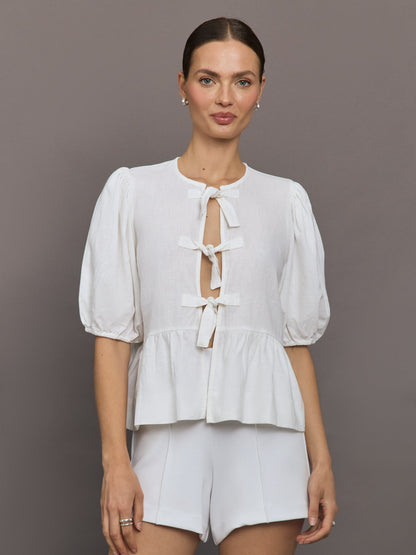Carbon38 Linen Tie Puff Sleeve Top - White