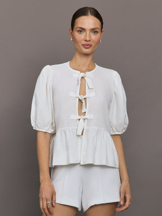 Carbon38 Linen Tie Puff Sleeve Top - White
