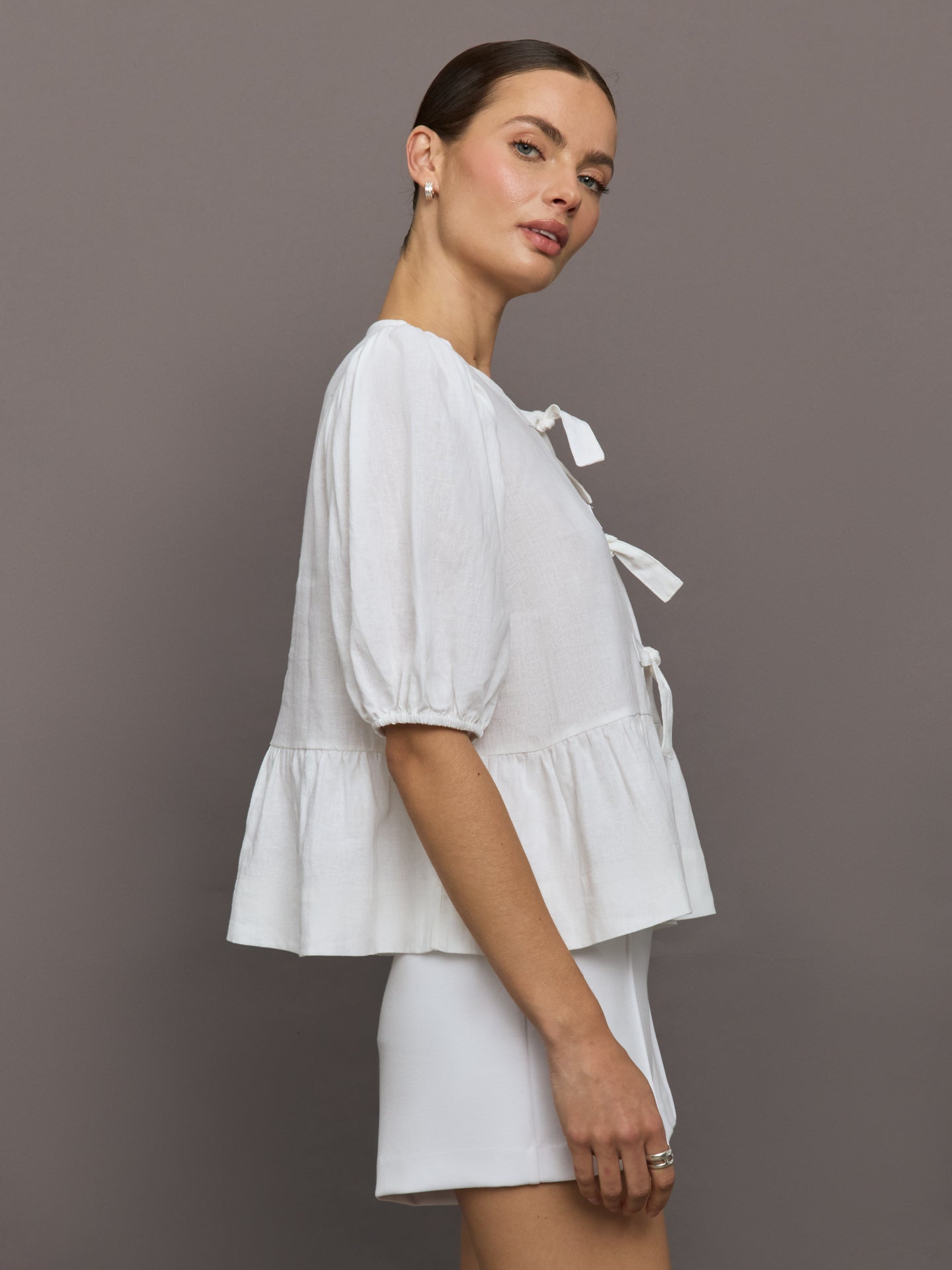 Carbon38 Linen Tie Puff Sleeve Top - White