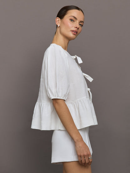 Carbon38 Linen Tie Puff Sleeve Top - White