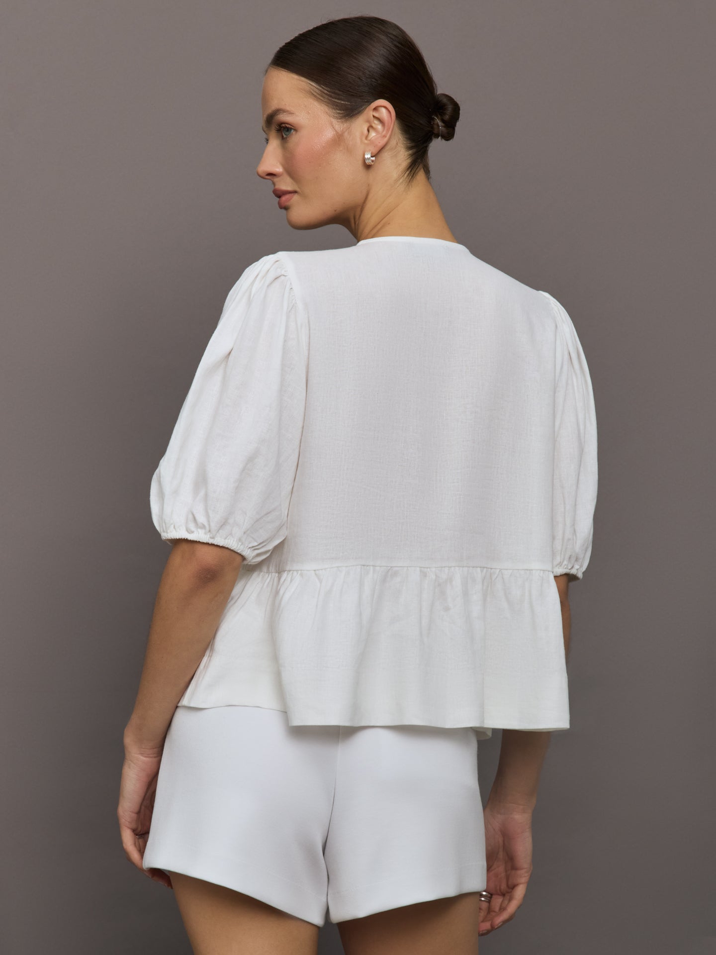 Carbon38 Linen Tie Puff Sleeve Top - White