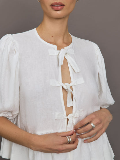 Carbon38 Linen Tie Puff Sleeve Top - White