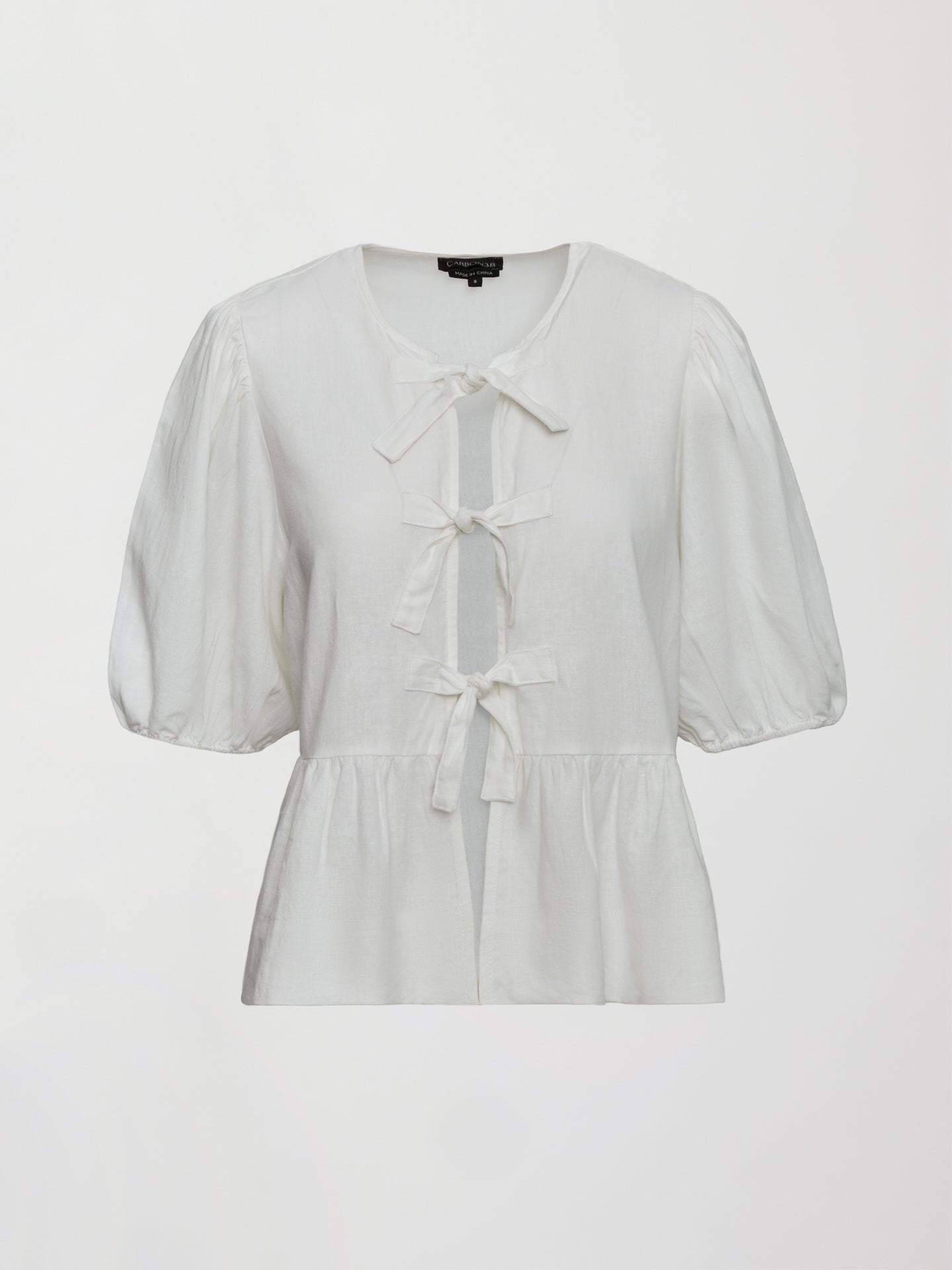 Carbon38 Linen Tie Puff Sleeve Top - White