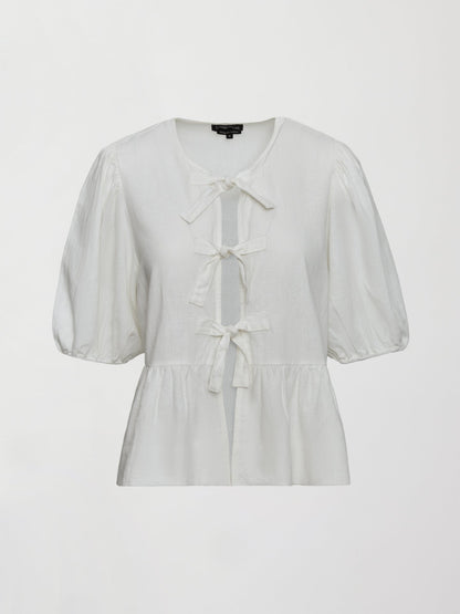 Carbon38 Linen Tie Puff Sleeve Top - White