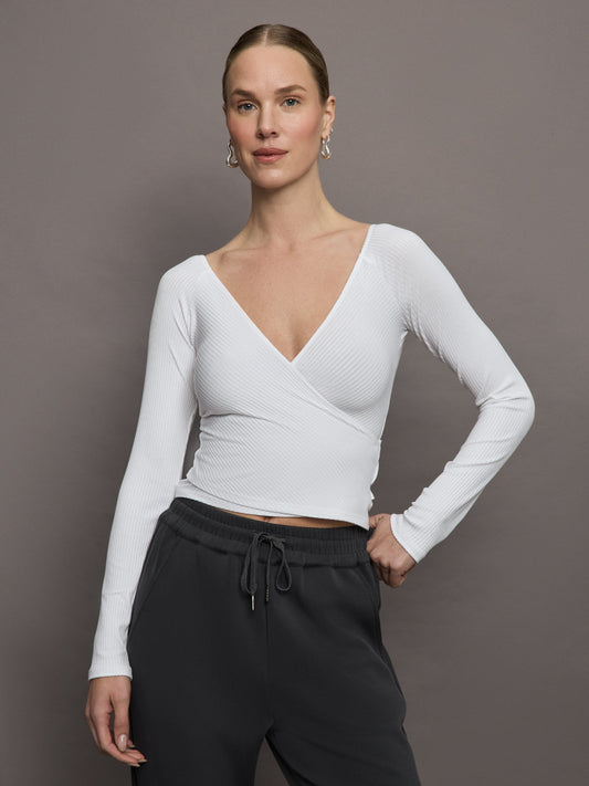 Carbon38 Long Sleeve Wrap Top in Ribbed Jersey - White
