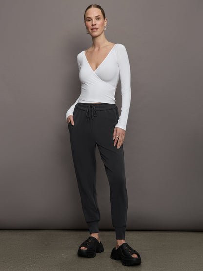 Carbon38 Long Sleeve Wrap Top in Ribbed Jersey - White