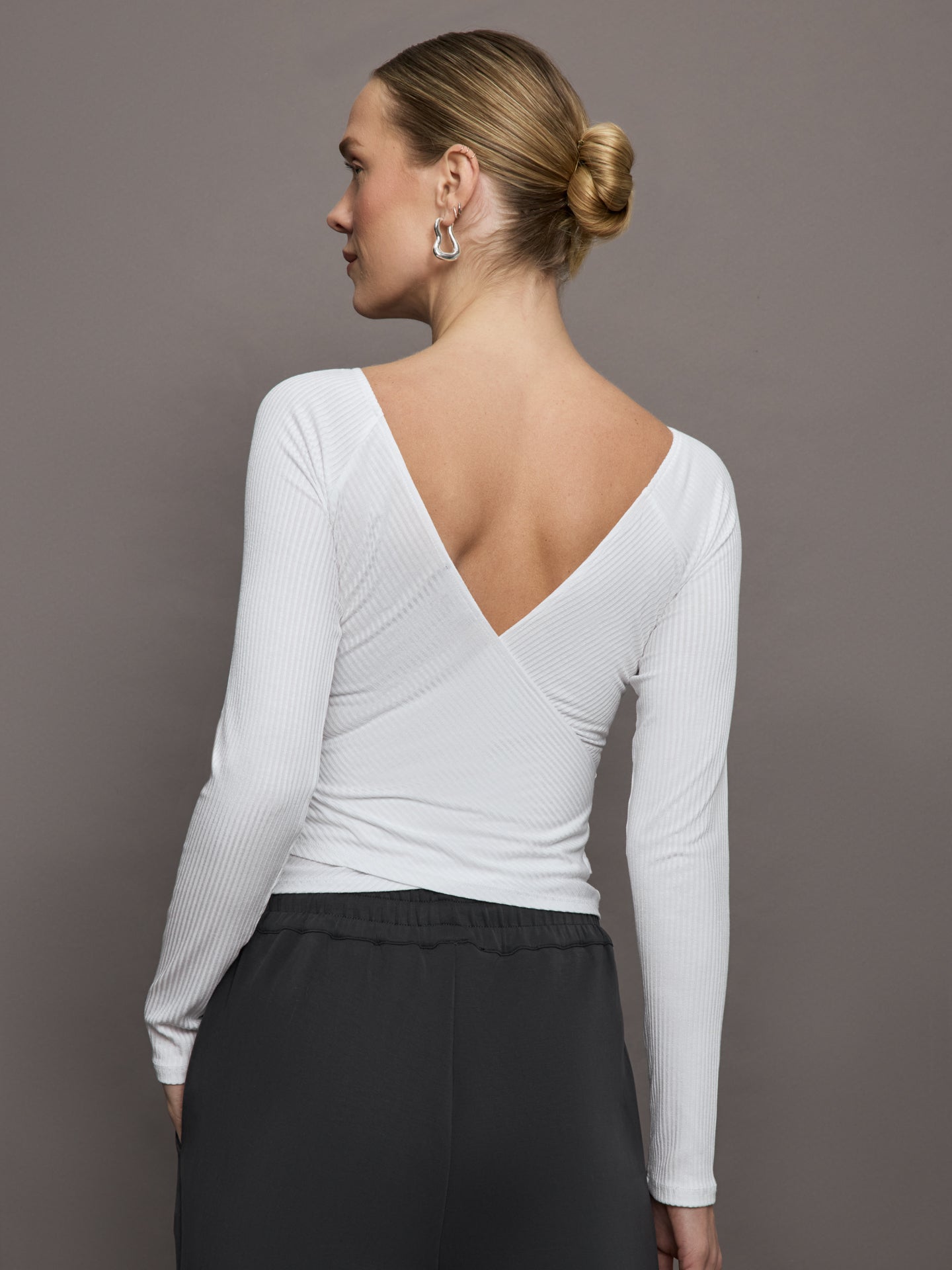 Carbon38 Long Sleeve Wrap Top in Ribbed Jersey - White