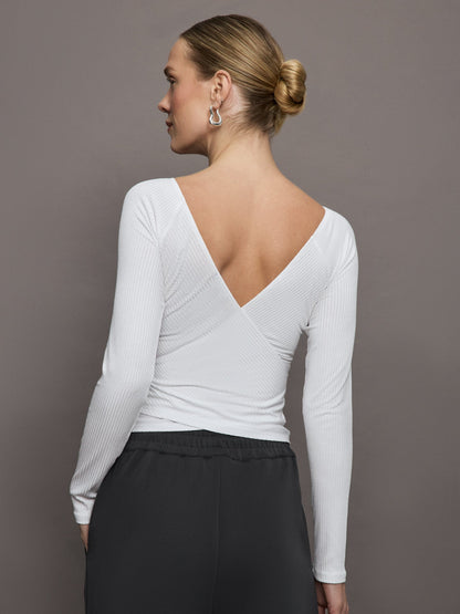 Carbon38 Long Sleeve Wrap Top in Ribbed Jersey - White