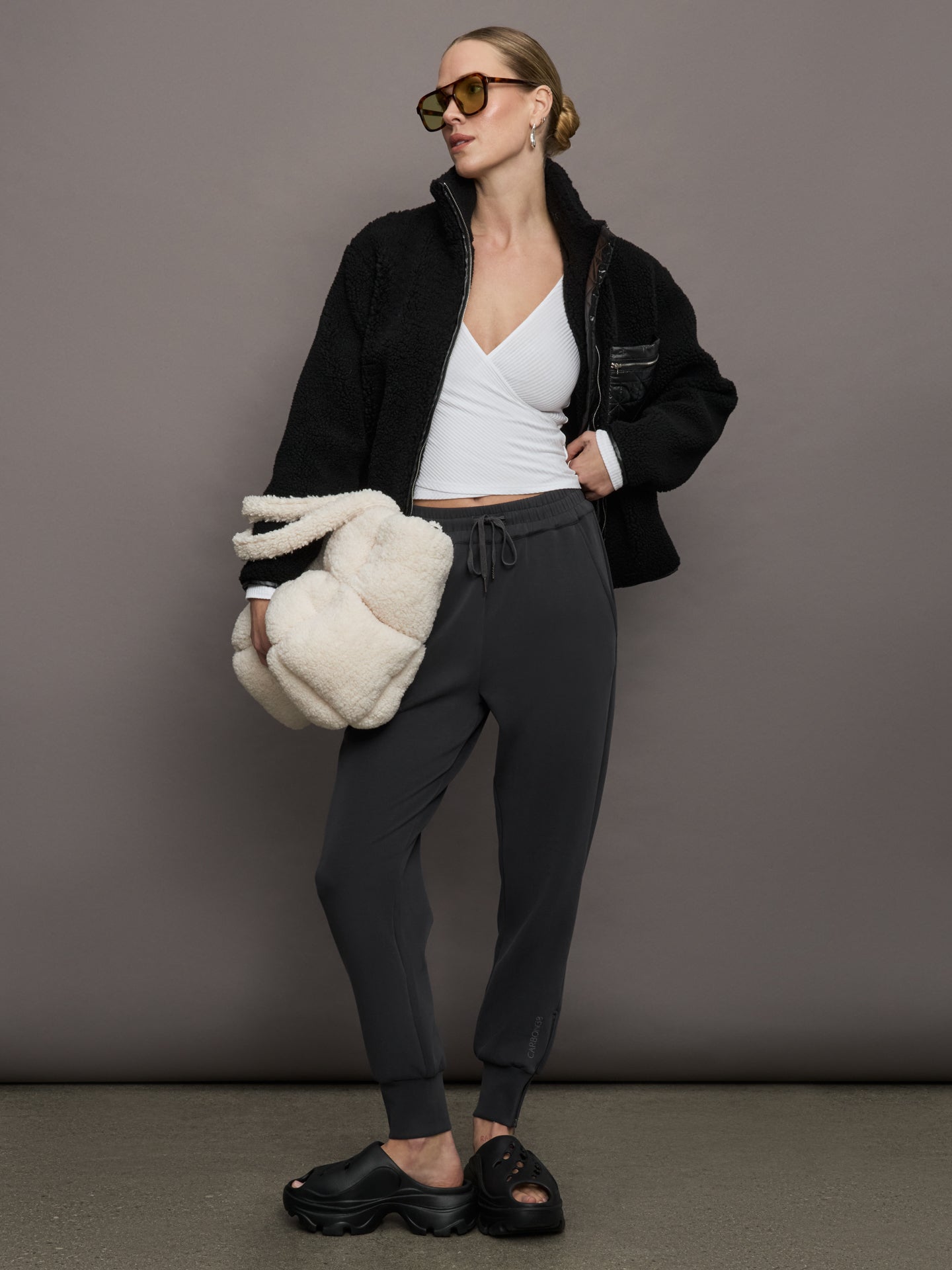 Carbon38 Long Sleeve Wrap Top in Ribbed Jersey - White