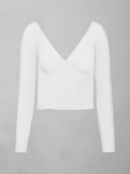 Carbon38 Long Sleeve Wrap Top in Ribbed Jersey - White