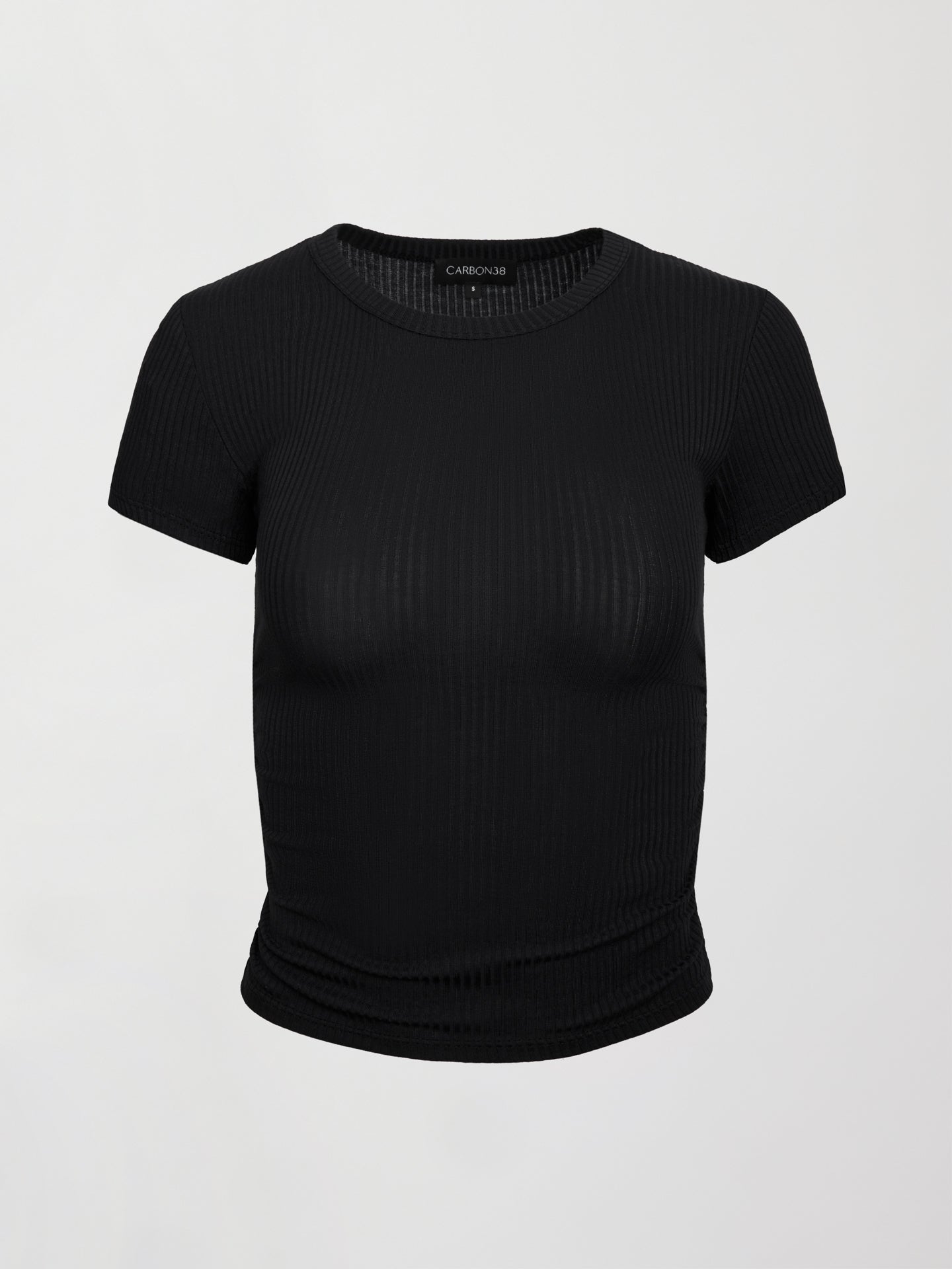 Carbon38 Cap Sleeve Ruched Top in Ribbed Jersey - Black