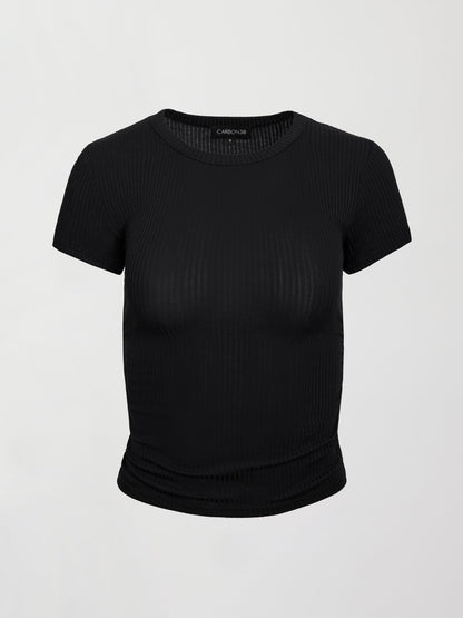 Carbon38 Cap Sleeve Ruched Top in Ribbed Jersey - Black