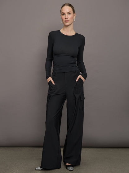 Carbon38 Long Sleeve Ruched Top in Ribbed Jersey - Black