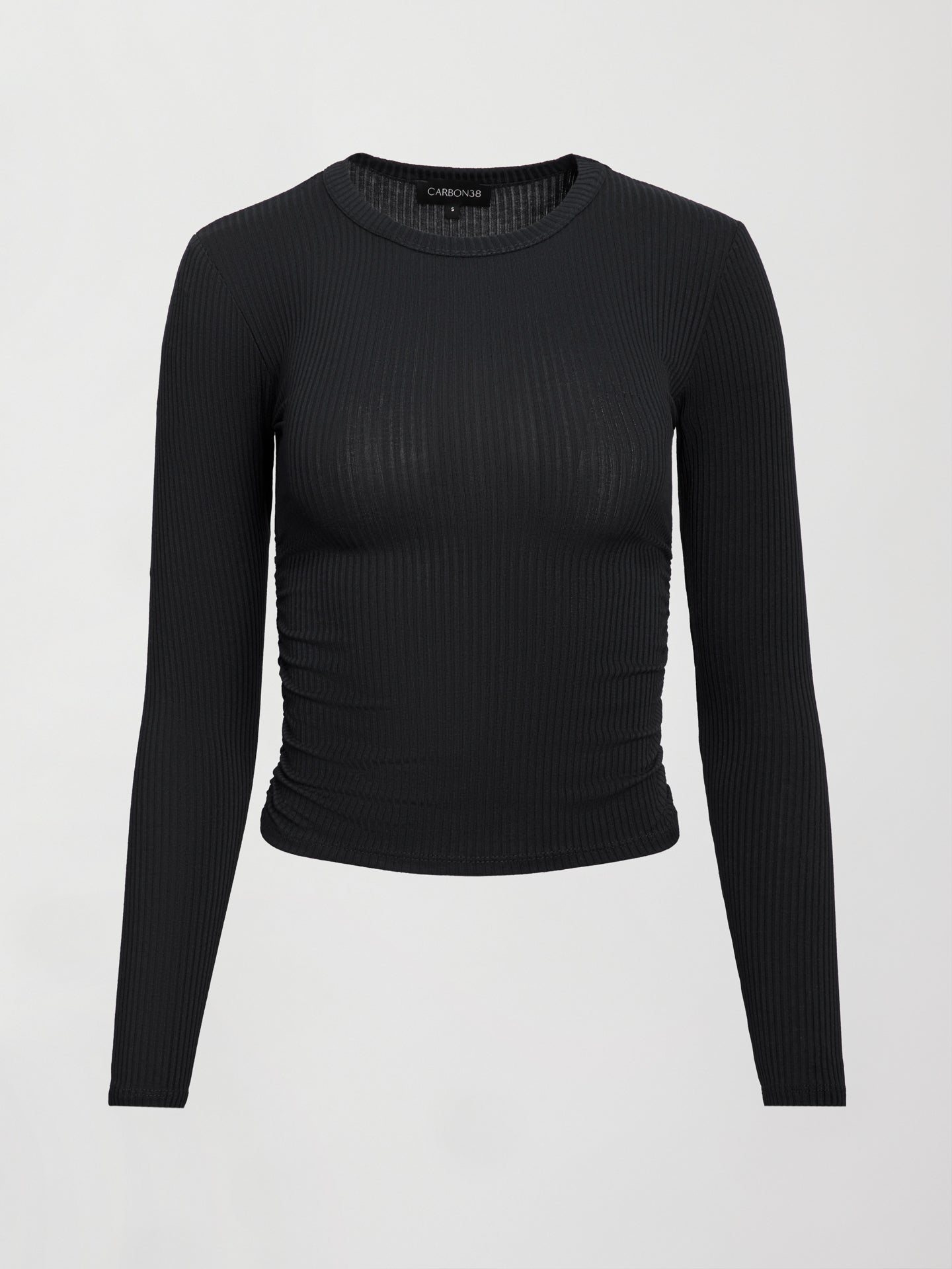 Carbon38 Long Sleeve Ruched Top in Ribbed Jersey - Black