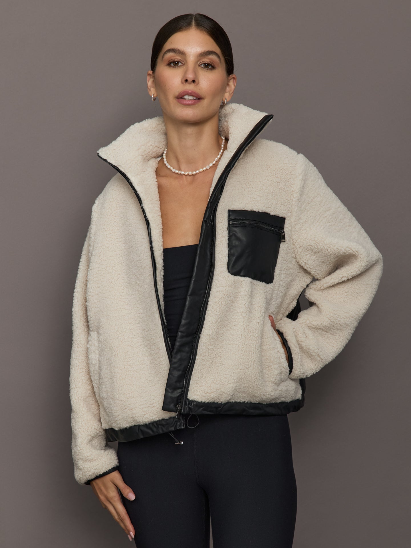 Carbon38 Faux Leather Sherpa Jacket - Natural
