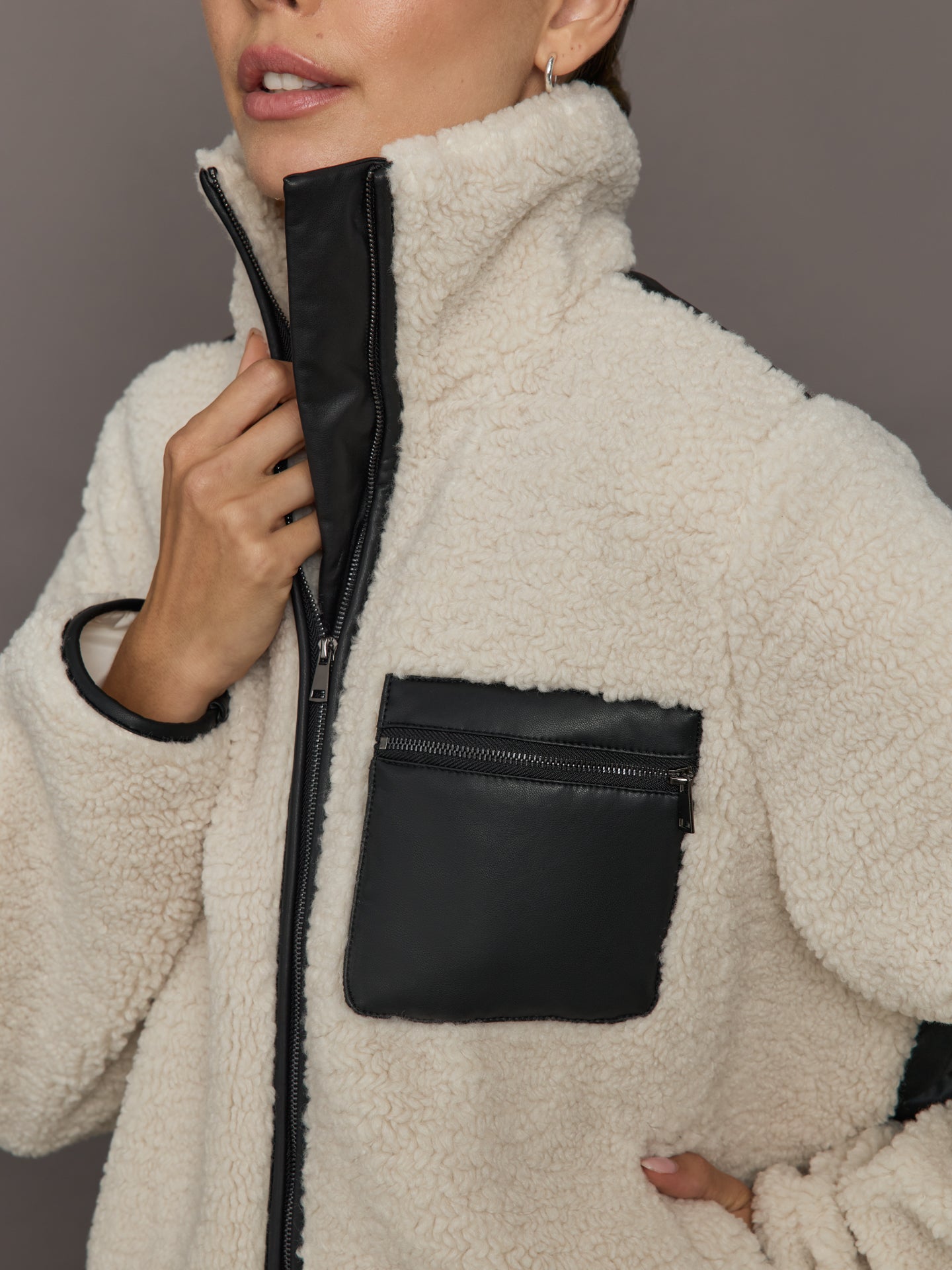 Carbon38 Faux Leather Sherpa Jacket - Natural