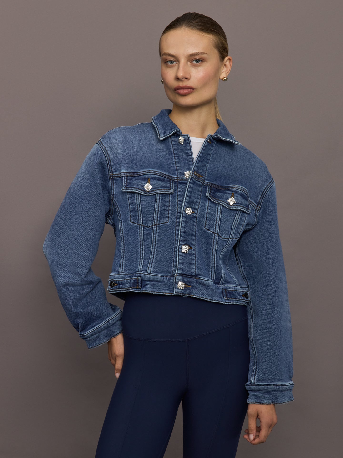 Carbon38 Jeweled Cropped Denim Jacket - Dark Wash